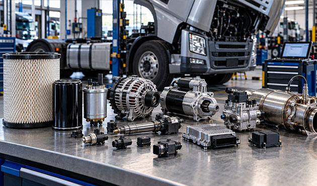 Componenti Bosch per manutenzione e riparazione truck su banco tecnico in officina specializzata