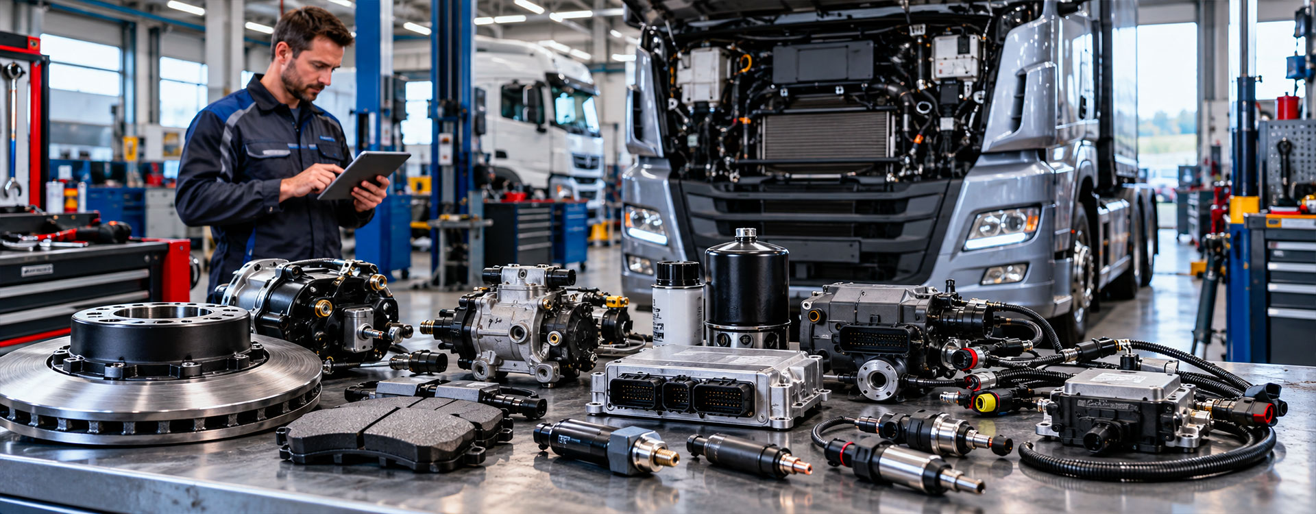 Ricambi Bosch per truck e veicoli industriali in officina con tecnico specializzato e camion in manutenzione