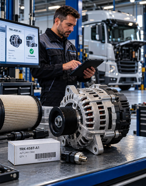 Tecnico verifica il codice di un ricambio per camion e la compatibilità con il veicolo in officina
