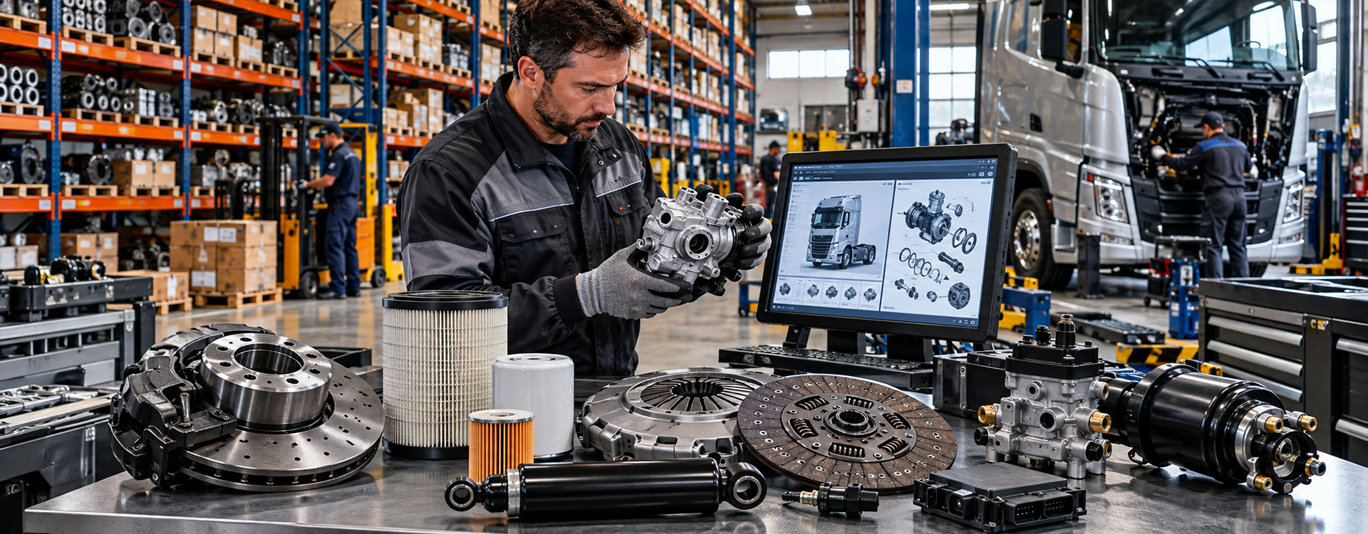 Tecnico specializzato controlla ricambi per veicoli industriali con catalogo tecnico digitale in un magazzino ricambi con camion in officina