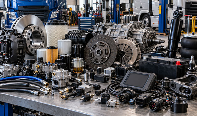 Componenti professionali per camion, autobus e veicoli commerciali con freni, filtri, batteria, frizione, sospensioni e strumento di diagnostica su banco da officina