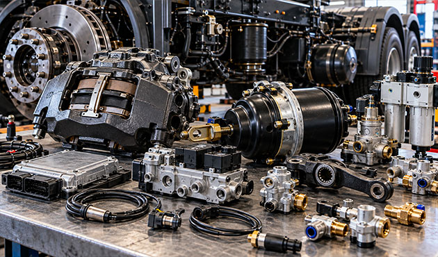 Selezione di componenti professionali per sistemi frenanti e pneumatici di camion, autobus e rimorchi su banco da officina