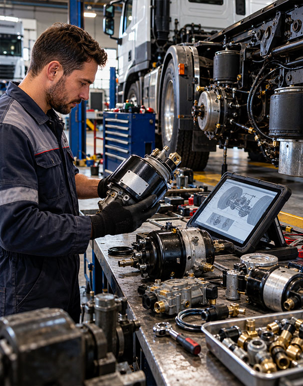 Tecnico specializzato verifica un componente del sistema frenante pneumatico di un camion con tablet diagnostico in officina