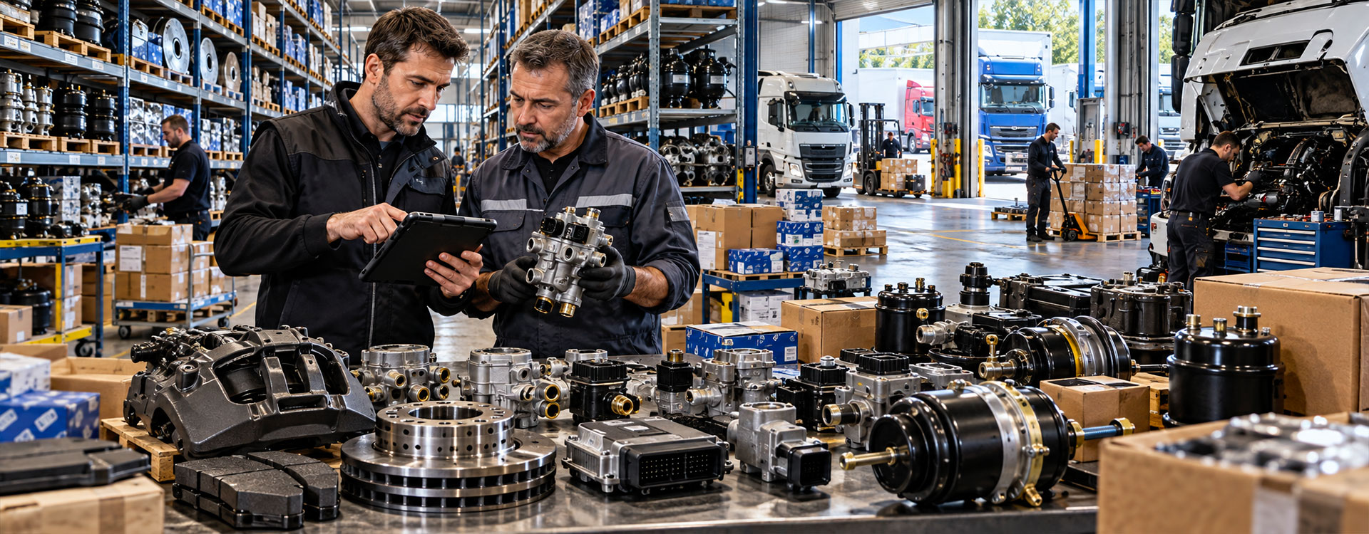 Specialista ricambi e tecnico verificano componenti per sistemi frenanti e pneumatici di camion, autobus e flotte in un magazzino professionale