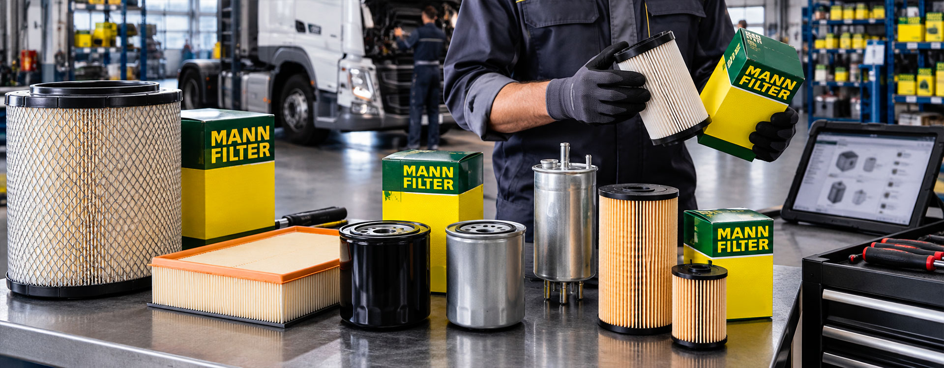 Filtri MANN-FILTER su un banco da officina con un tecnico che verifica un ricambio e un camion sullo sfondo