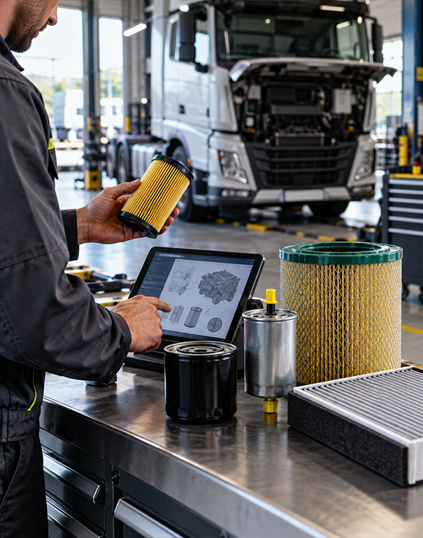 Tecnico specializzato verifica la compatibilità di diversi filtri per camion tramite tablet in officina professionale