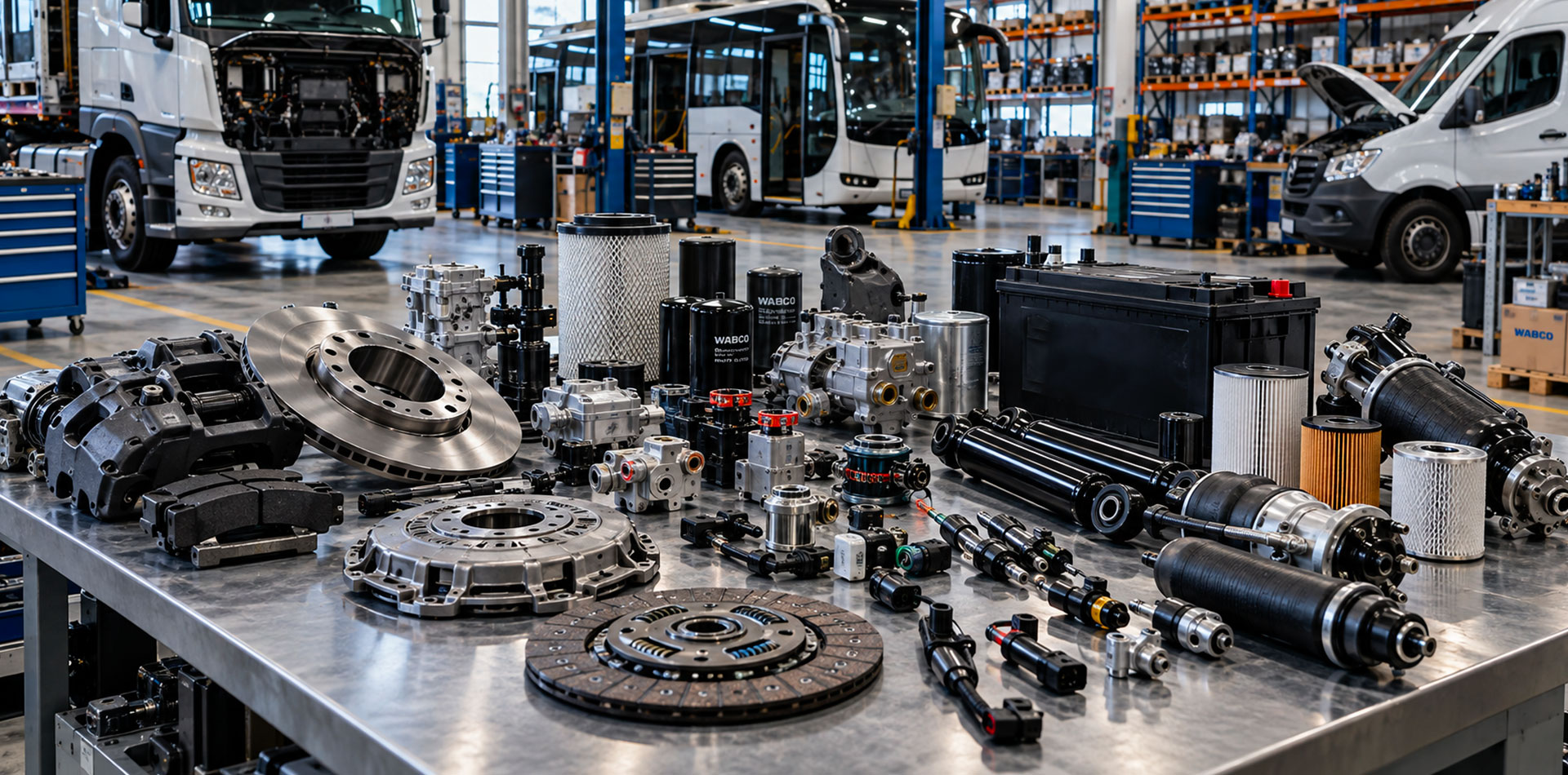 Ampia selezione di ricambi e componenti per camion, autobus e veicoli commerciali in un centro ricambi industriale