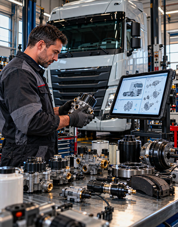 Tecnico specializzato identifica un ricambio per camion confrontando il componente con schemi tecnici e dati del veicolo