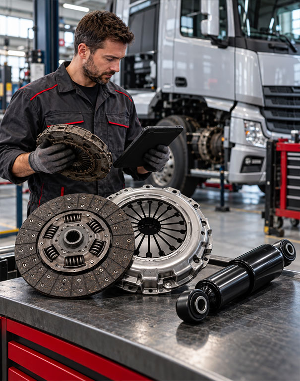 Tecnico in officina verifica la compatibilità di un kit frizione e di un ammortizzatore per veicoli industriali
