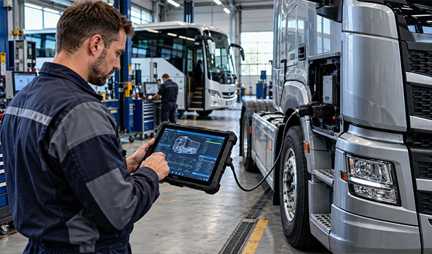 Tecnico specializzato esegue la diagnosi elettronica di un camion in officina con tablet professionale