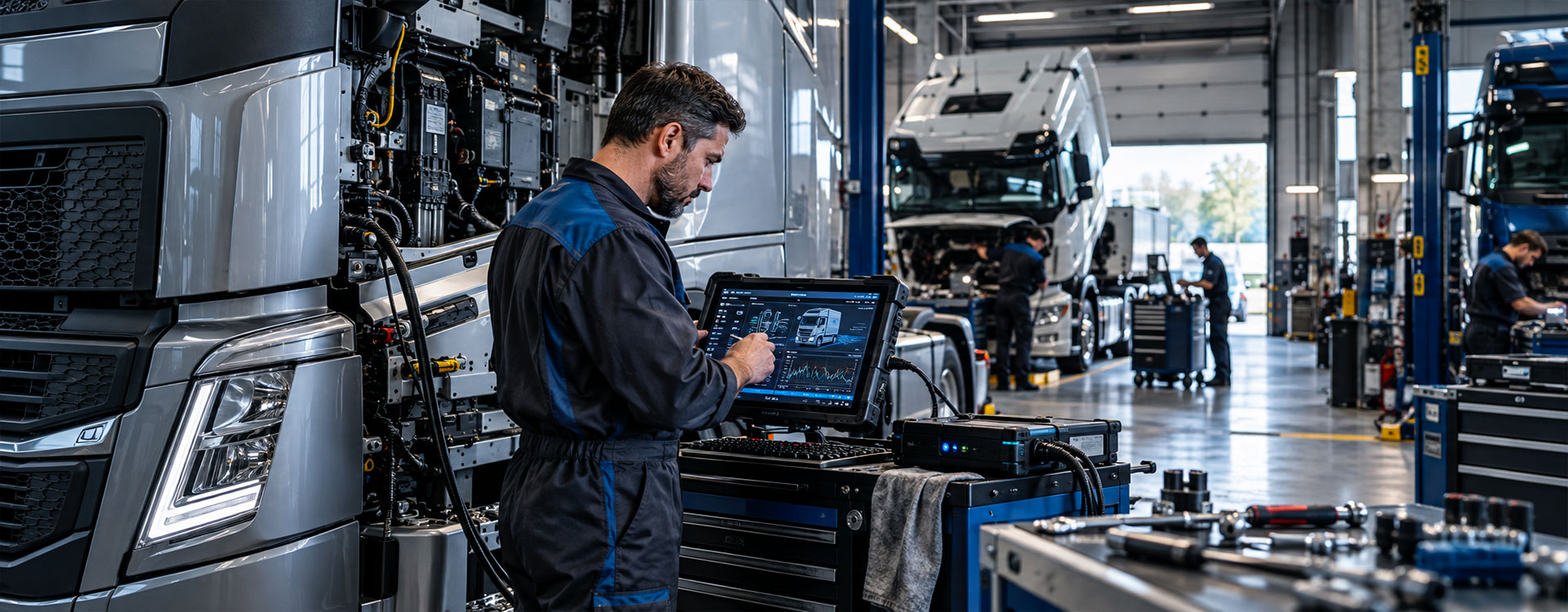 Tecnico in officina utilizza uno strumento diagnostico TEXA collegato a un camion industriale europeo
