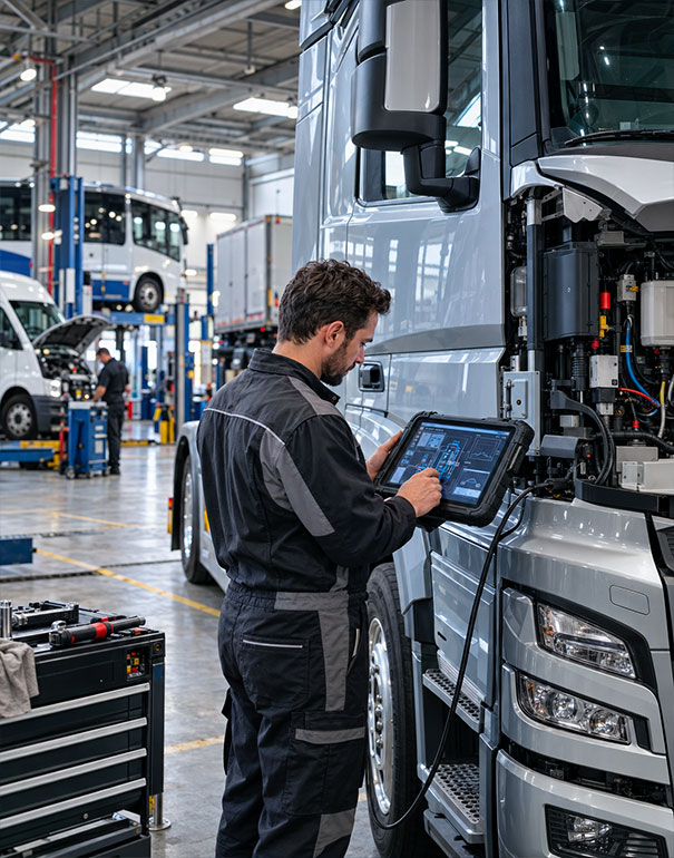 Tecnico specializzato esegue la diagnosi elettronica di un camion con dispositivo professionale in officina per veicoli industriali