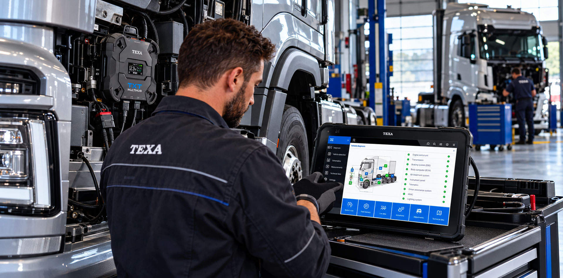 Tecnico specializzato utilizza strumentazione diagnostica TEXA su un camion moderno in un'officina professionale per veicoli industriali