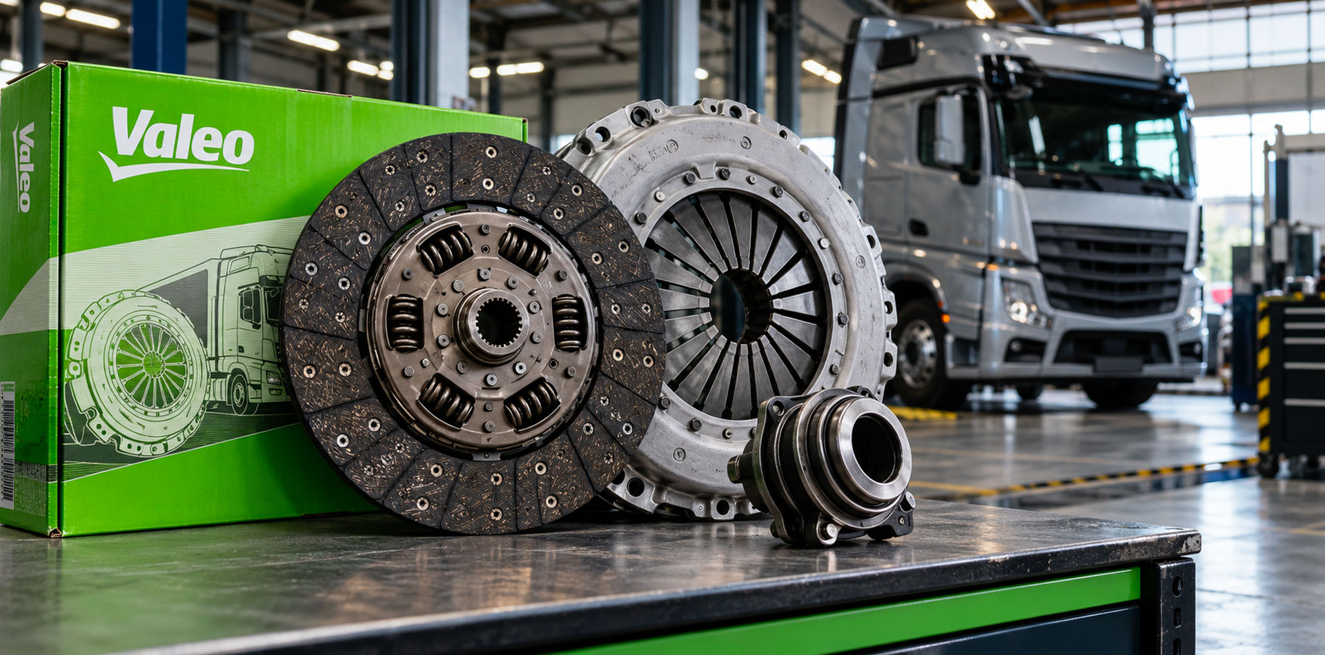 Kit frizione Valeo per camion e veicoli industriali in officina professionale con camion pesante sullo sfondo