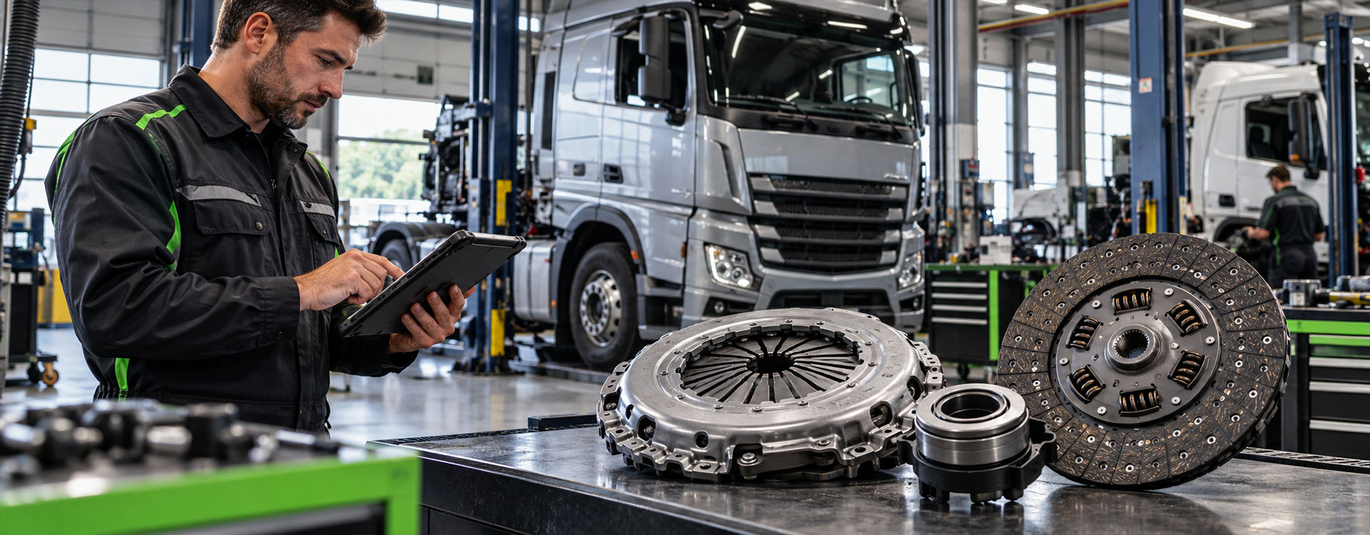 Tecnico verifica componenti Valeo per frizione e trasmissione di un camion in officina