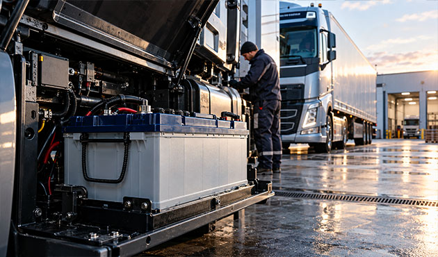 Batteria per camion e veicoli industriali installata nel vano batterie di un moderno mezzo pesante