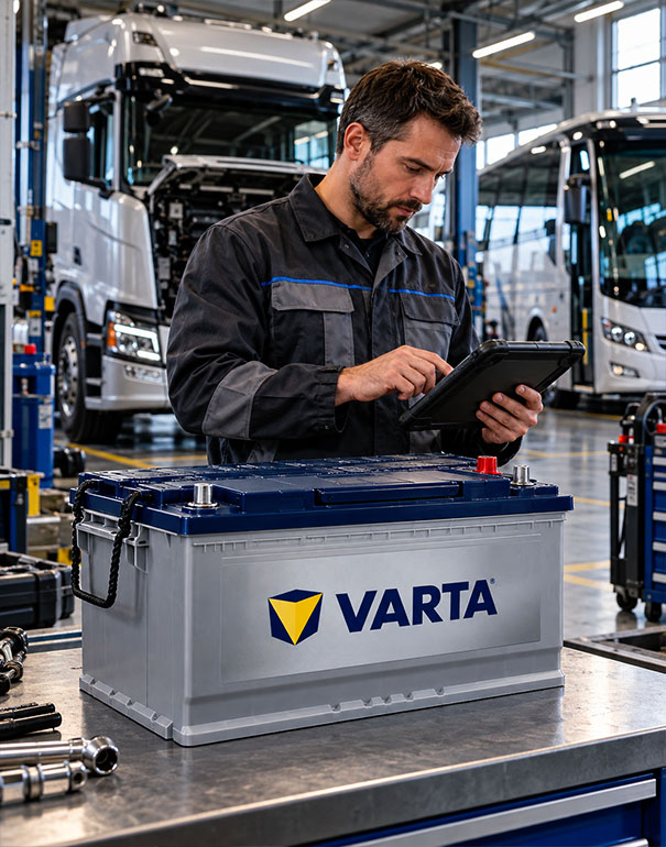Tecnico verifica una batteria VARTA per camion e autobus con tablet in un’officina per veicoli industriali