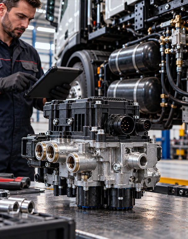 Tecnico controlla un modulatore WABCO per impianto frenante pneumatico di camion e semirimorchi