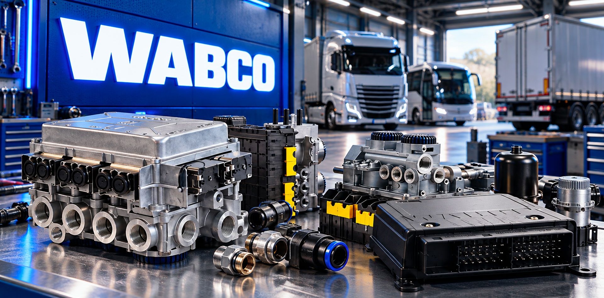 Ricambi WABCO per camion, autobus e rimorchi con componenti ABS, EBS e pneumatici in officina specializzata
