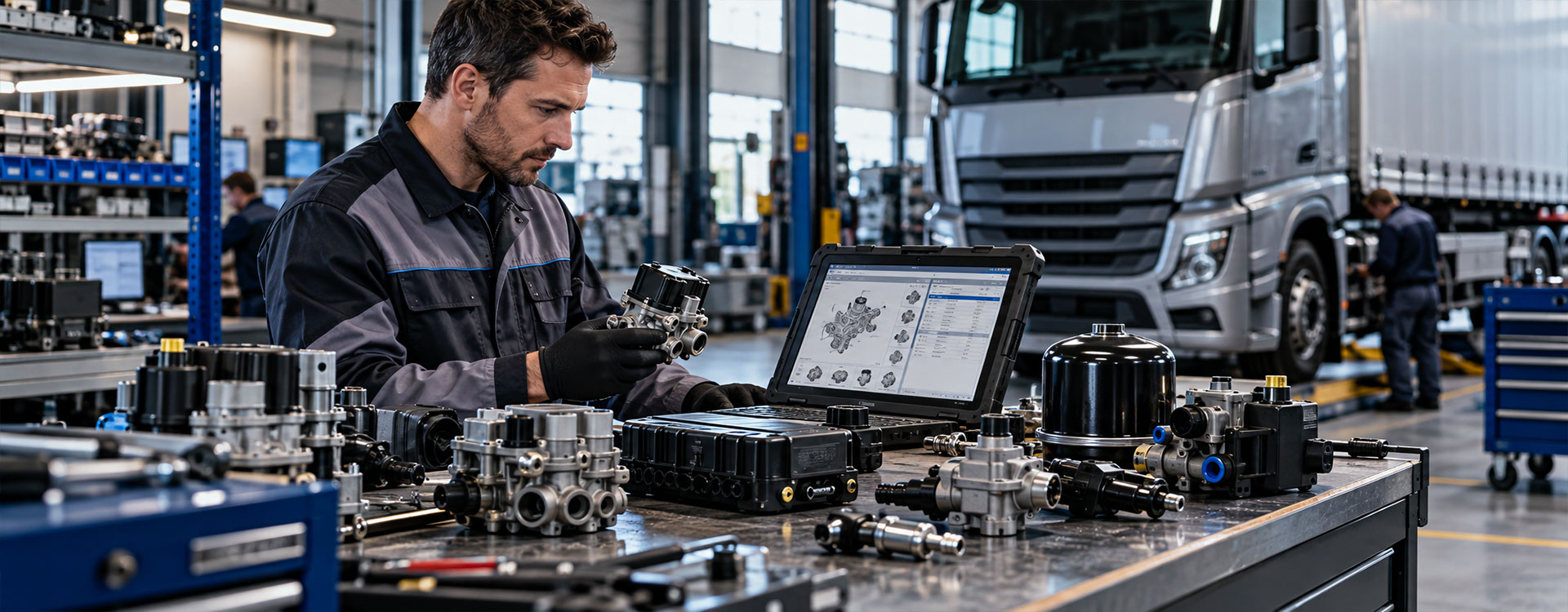 Tecnico Dierre durante la verifica di ricambi WABCO per camion e veicoli industriali
