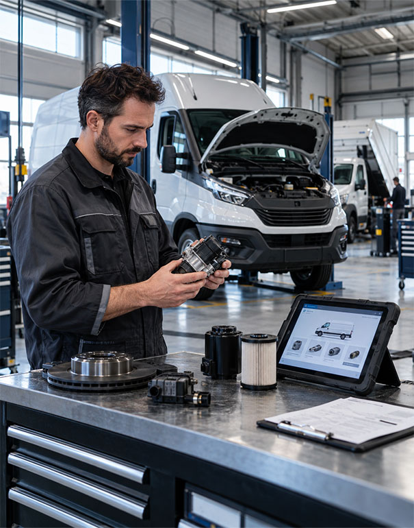 Tecnico in officina durante l'identificazione di ricambi per IVECO Daily